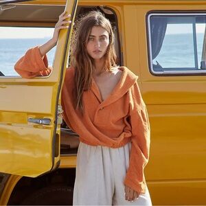 Free People Bino Pullover in Honey Eyed Orange Size Small 70s Terrycloth Beach